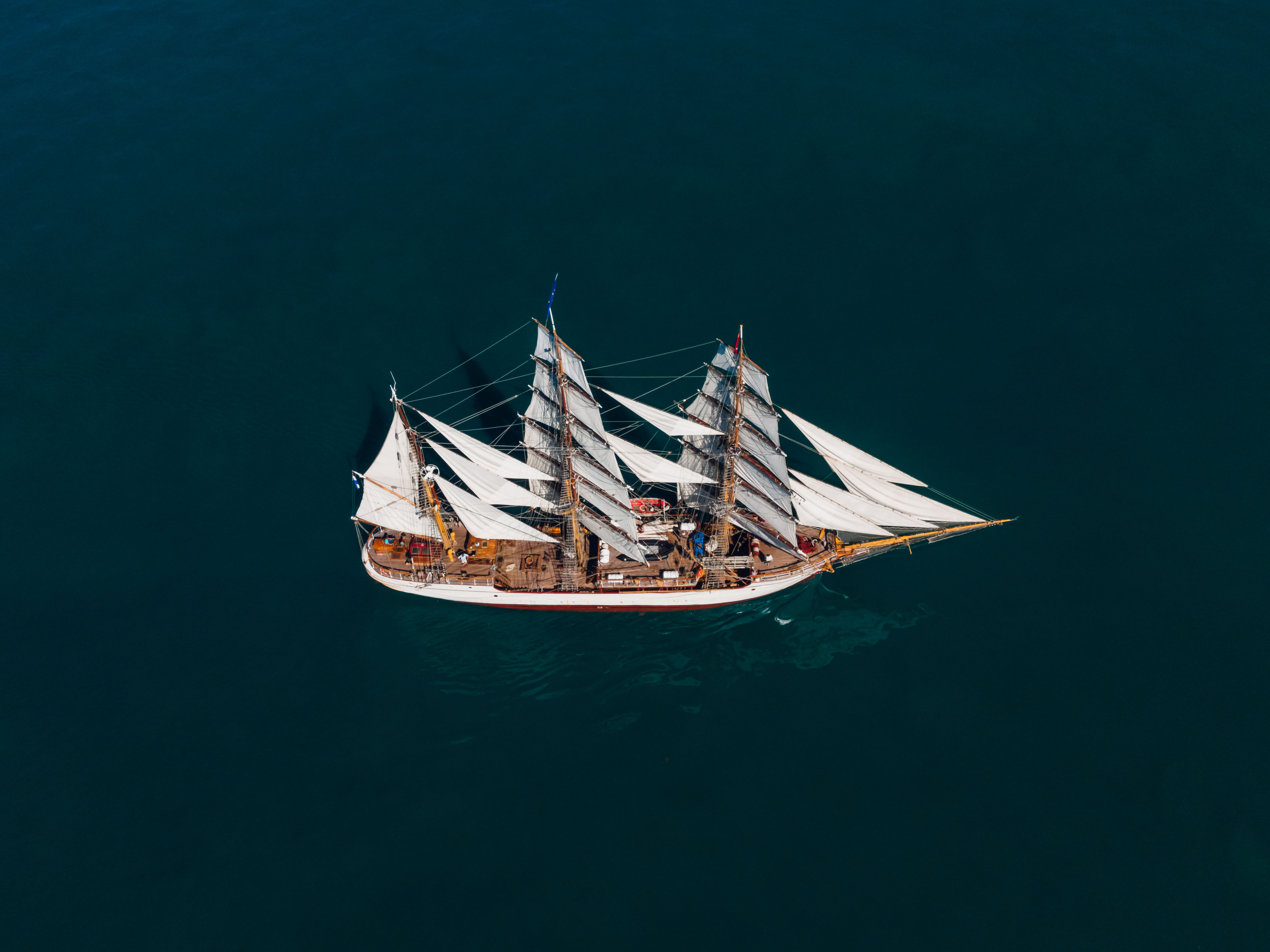 Aerial view of Bark EUROPA on calm Pacific waters